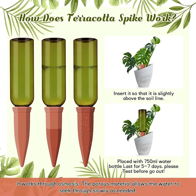 Teenyyou 12 Pcs Watering Spikes for Indoor Plants Include Terracotta Self Watering Spikes Devices and 26 oz Plastic Bottles Slow Release Vacation Insert Automatic(Green)