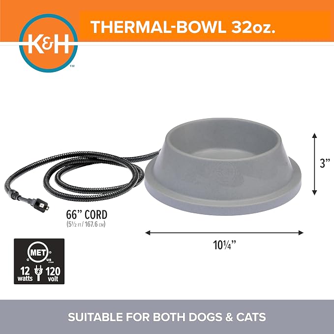 K&H Pet Products Thermal-Bowl Heated Water Bowl for Cats & Dogs Outside, Safety Listed Outdoor Heated Dog Dish for Pets, Automatic No Freeze, Anti Chew Cord - 32 Ounces Gray 12W