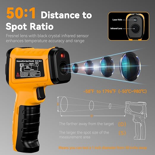 Infrared Thermometer Temperature Gun, 50:1 Dual-Mode Temp Gun -58°F to 1796°F with K-Type Thermocouple for Internal Readings, for Kilns, Industrial, and HVAC Applications