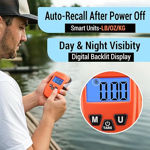 Fish Scale Digital Fishing Scale with Lip Gripper & Replaceable Hook, Auto Unit Recall, 110 lb Capacity, Memory & Total, Multi-Mode lb/oz/kg with LCD Display, Fishing Gift for Men