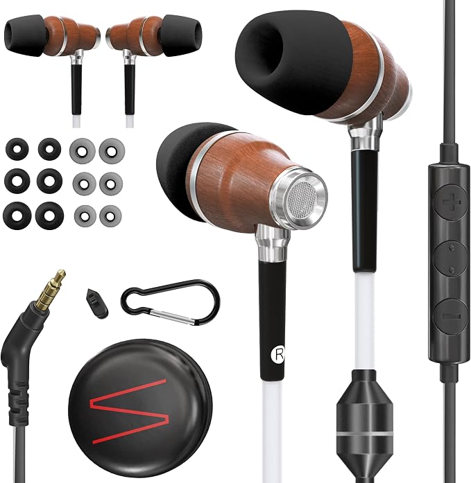 Symphonized 3.5mm Jack Airtube Headphones EMF Free - Wooden Safe Air Tube Earphones with Mic & Volume Control, Corded Ear Buds Wired Earbuds with Microphone for Computer, Laptop & Phone with Aux Cord