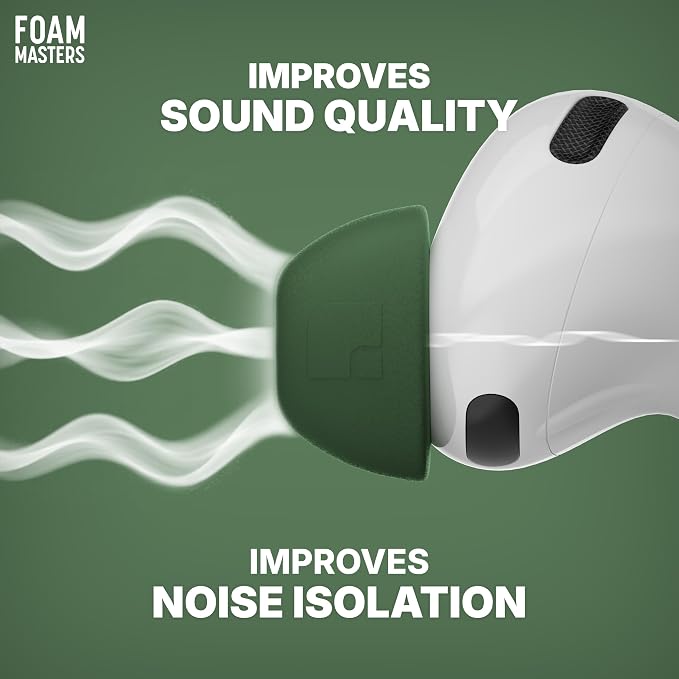 Foam Masters Ultra-Premium Memory Foam Ear Tips for AirPods Pro 3rd Gen (2025) | 3 Pairs | New Ver. | Secure Fit | Super Comfort | Better Noise Cancel | Replacement Buds (Medium, Forest Green)