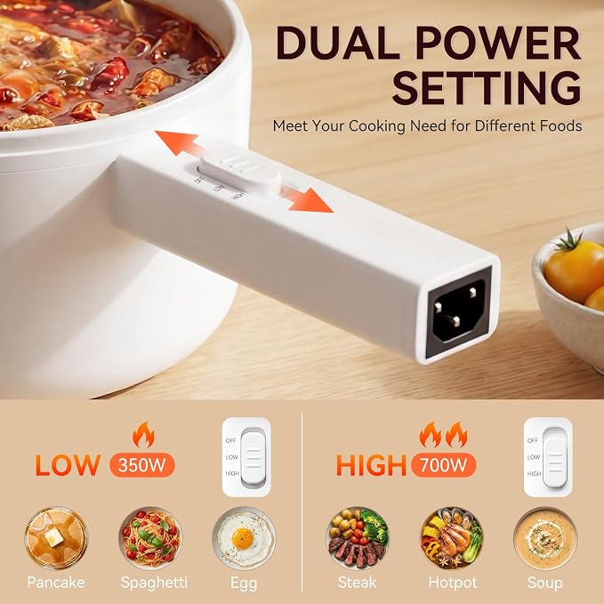 Electric Hot Pot, 1.5L Mini Hot Pot, Ceramic Glaze Non-stick Portable Pot, Electric Pot for Steak, Egg, Fried Rice, Oatmeal, Soup, Ramen with Dual Power Control, Electric Pot for Dorm