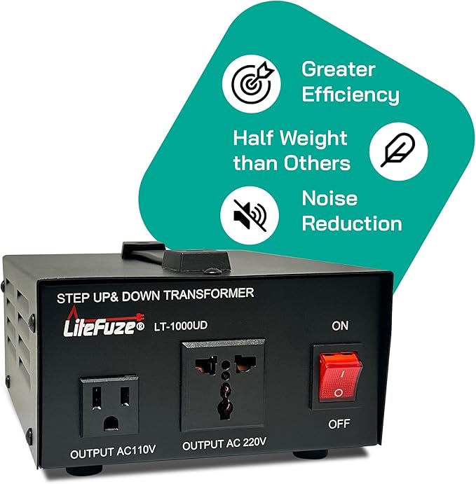 LiteFuze 1000 Watt Voltage Converter Transformer Step Up/Down - 110v to 220v / 220v to 110v Power Converter - Fully USA Grounded Cord - Universal Outlet Socket, 2x US Outlets - CE Certified