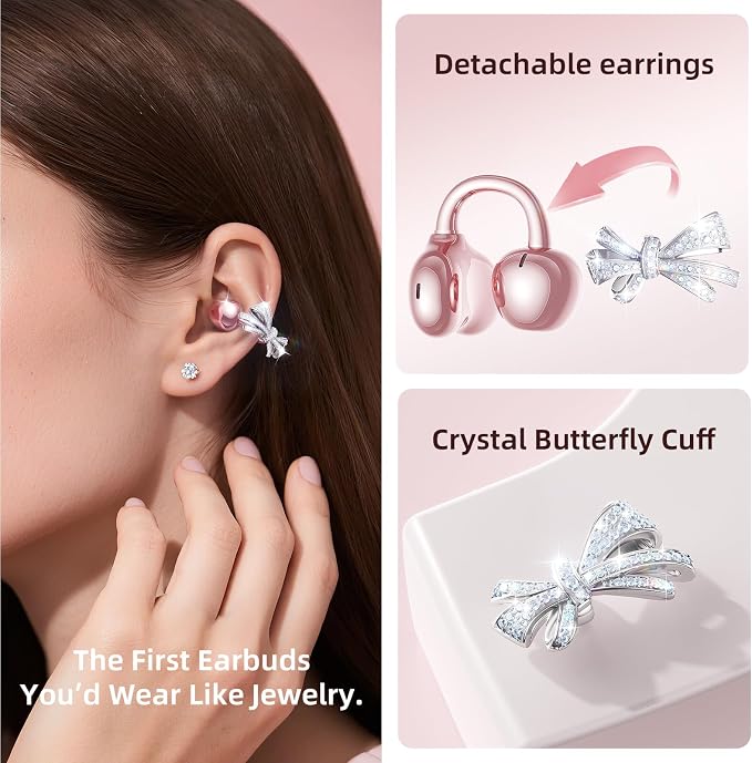 Kinglucky Jewelry-Inspired Clip-On Earbuds with Bow Earrings, Comfortable Fit & 50H Playtime Open Ear Bluetooth 5.4 Wireless Headphones for Women, Small Ears, Sports & Workouts (Pink)