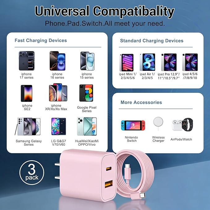 iPhone 17 16 15 Charger Fast Charging 10FT Long USB C Charger Cable with 20W Dual Port Block - Type C Charging Cable Compatible with iPhone 17/17 Pro/17 Pro Max/17 Air, 16/16e, 15, 3 Pack (Pink)