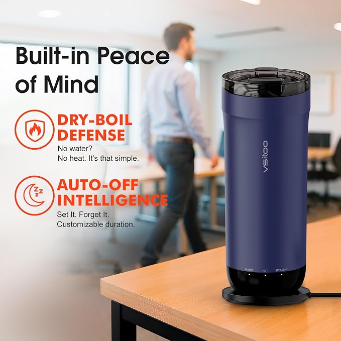 Vsitoo S5 Self Heating Travel Mug 16oz, Rechargeable Coffee Mug with Car Charger Kit, AI Auto-Sensing Temp Control Heated Cup for Home Office Car, App Control, Gift Women Men - Blue