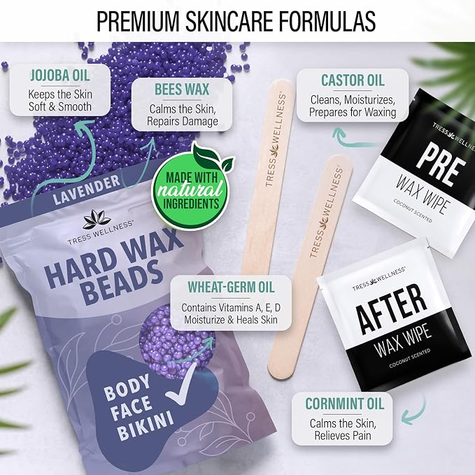 Tress Wellness Award Winning Waxing Kit for Sensitive Skin – Safe for Face & Skin, Easy to Use – At-Home Kit for Face, Bikini, Brazilian & Full Body - Black, No Display