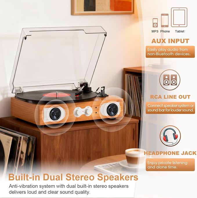 Vinyl Record Player with Built-in Speakers 3-Speed Vintage Record Player Support Treble& Bass Control, 3.5mm Headphone Jack, RCA-Out/Aux in, Belt-Driven LP Turntable,Natural Wood