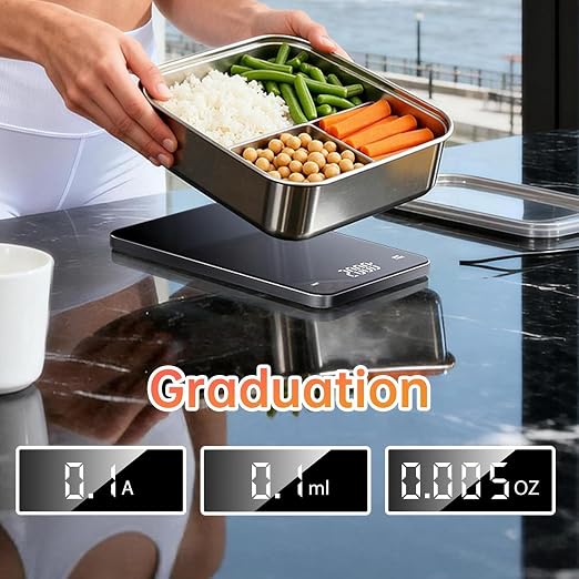 Rechargeable Digital Kitchen Scale, 5kg/0.1g (11lb/0.01oz) Precision Food Scale Electronic. Tempered Glass Weighing Platform, Tare&4 Unit Modes, Perfect for Baking, Bread, Cooking