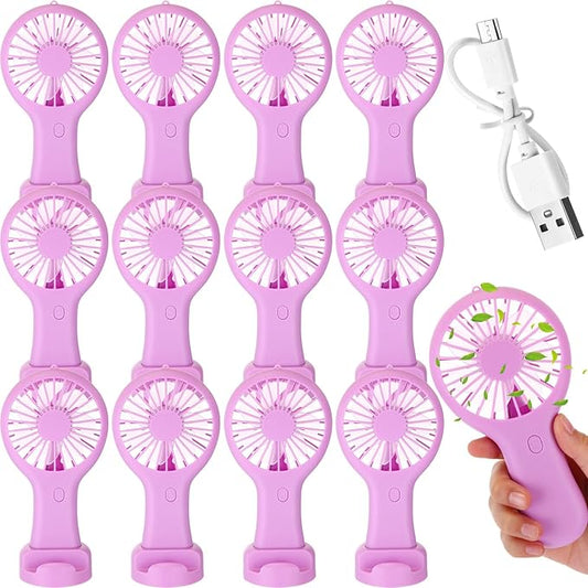 Woanger 12 Pcs Mini Handheld Fan Bulk 3 Speed USB Electric Battery Operated Small Portable Pocket Fan with Data Cable and Mounting Base Quiet Summer Gift for Wedding Travel (Purple)