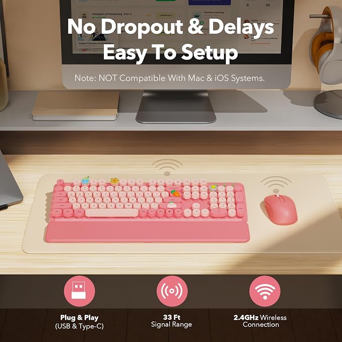 Wireless Keyboard and Mouse Combo, Cute Full-Size Retro Typewriter Keyboard with Round Keycaps, Magnetic Wrist Rest, Tilt Legs, 2.4GHz Cordless for Mac, Windows PC, Laptop, SABLUTE CK23, Baby Pink