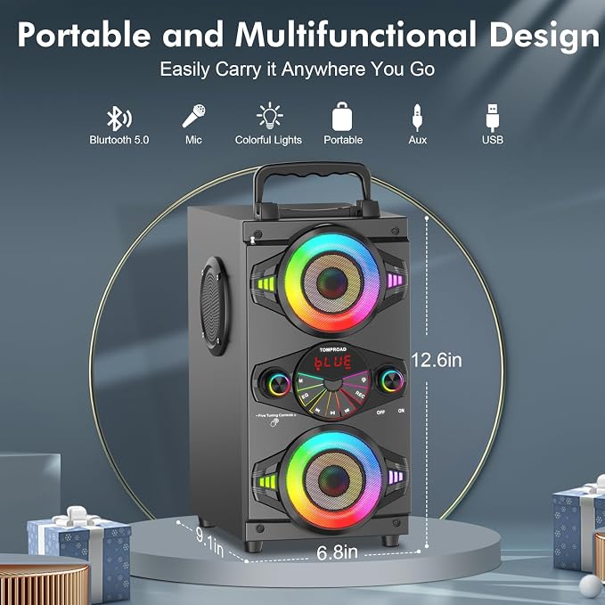 Bluetooth Speakers, 60W Portable Wireless Loud Outdoor Home Party Bluetooth Speaker with Subwoofer, FM Radio, LED Colorful Lights, Microphone, Remote and Big Powerful Stereo Deep Bass Sound Boombox