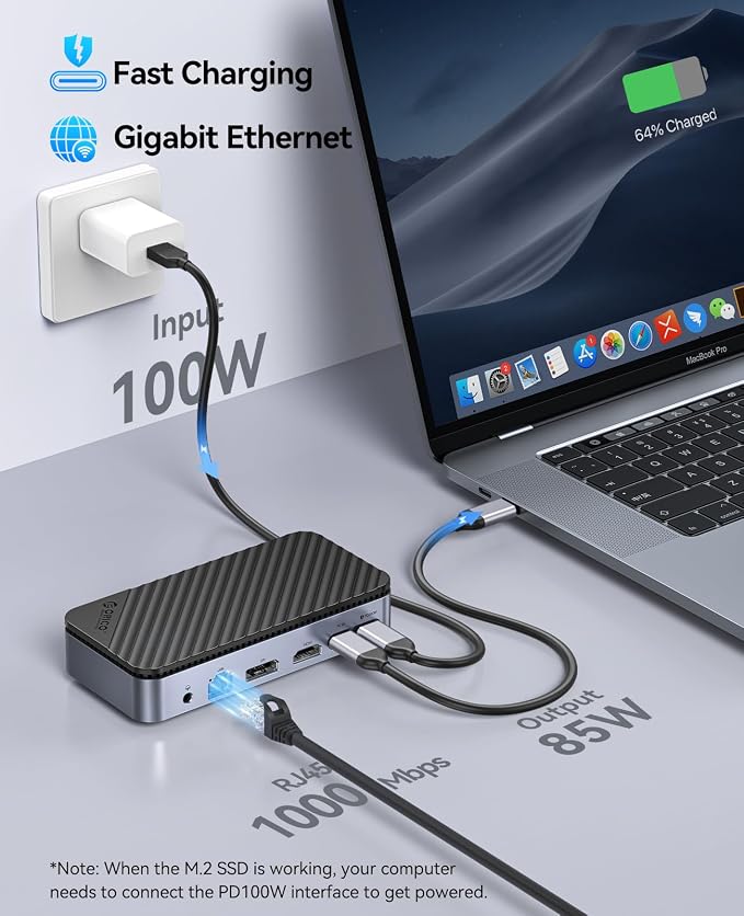ORICO 12-in-1 USB C Hub with m.2 ssd Enclosure, USB C Docking Station Dual Monitor HDMI DP 8K@30Hz/4K@60Hz, 10Gbps USB, Gigabit Ethernet, 100W PD, SD TF Reader for Mac & Windows Laptops M2P11