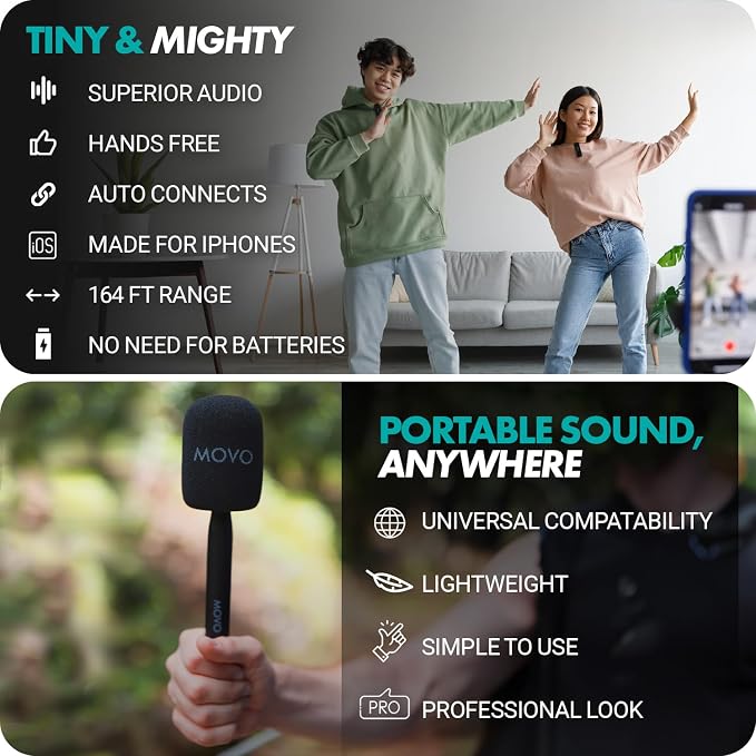 Movo Wireless Mini DI Ultra Compact Wireless Lavalier Microphone for iPhone with WMX-HM Handheld Adapter - Lapel Mic with Handle Mount for Content Creators, Interviews, Reporting and More