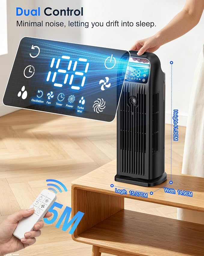 Portable Air Conditioner, 4 in 1 Evaporative Air Cooler with Remote Control, 1200ML Water Tank, 120 Oscillating, 4 Speeds, 12H Timer, Mist Spray Tower Fan for Home Office, Black