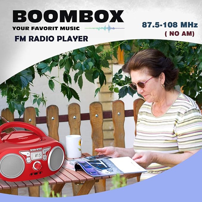 Portable CD Player Boombox with Bluetooth, FM Radio, USB Input, 3.5mm AUX and Headphone Jack, Clear Stereo Sound