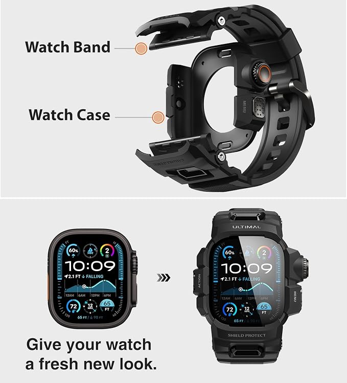 ULTIMAL Rugged Case with Band for Apple Watch 49mm,Compatible with Apple Watch Ultra 3/2/1, Military Grade Shockproof Bumper Cover for iWatch Tactical Band Men (49mm,Black)
