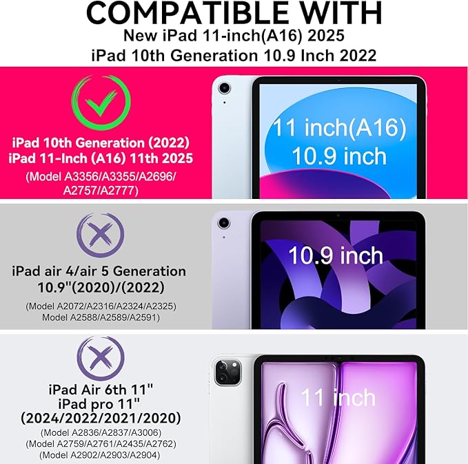 ZoneFoker for iPad A16 11th Generation 2025 / 10th Gen Case 2022, for 11 Inch / 10.9 Inch iPad Case Heavy Duty Cover Shockproof with Pencil Holder [360° Rotate Strap] & Stand, Hot Pink