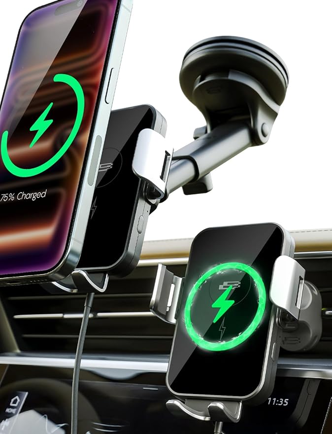 Bracketron PwrUp 15W Qi Fast Wireless Car Charger Mount – Dashboard, Windshield & Air Vent Phone Holder with Automatic Clamping, USB-C Cable, and Telescoping Arm