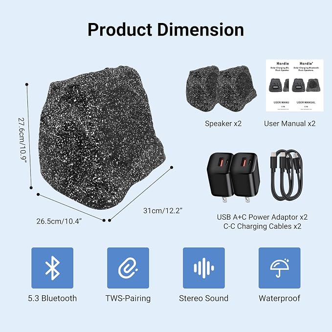 Herdio 6.5" Rock Bluetooth Speakers Outdoor Waterproof IPX7 Wireless Solar Max 200 Watt, TWS Connection Powered with Rechargeable Battery for Garden Patio Deck Pool Backyard（Black，1Pair）