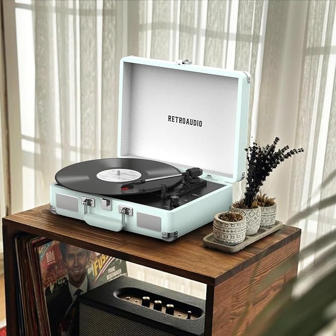 Vinyl Record Player Bluetooth Vintage Portable Suitcase Turntable with Built-in Speakers LP Player Support RCA Output and Headphone Output Light Cyan