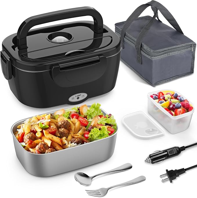 Vingud Electric Lunch Box for Adults, Heated Lunch Box Food Warmer, 80W Portable Heating Lunchbox for Men/Car/Truck with 1.5L Stainless Steel Container, 12V/24V/110V Lonchera Eléctrica Portátil Gift