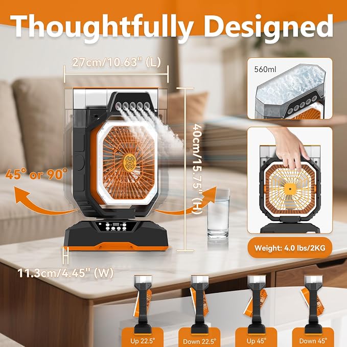 Weljoy Desk Fan 5 Sprayers Rechargeable Misting Fan - 5 Speed Portable Cooling Fan 560ml Water Tank Aromatherapy Diffuser Timer 27000mAh Battery (Black & Orange)
