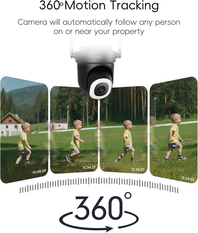 ZUMIMALL 2K Wired Outdoor Camera, 2.4G/5G WiFi Security Camera, 3MP, 24/7 Recording, AI Motion Detection, Cloud & SD Card Storage, 2-Way Audio, 360° PTZ Auto Tracking, Work with Alexa - 2-Pack, Black