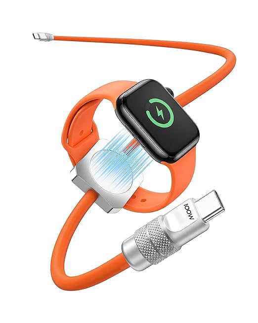 chubbycable Solo-Flex 2-in-1 USB-C Cable with Apple Watch Charger, Built-in 5W Magnetic Charger for Apple Watch, 100W Fast Charging, 4FT Thick Silicone Cable, Orange