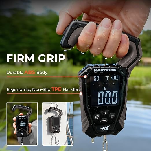 KastKing Weighmaster Mechanical-Digital Fishing Scale with Lip Gripper, 120 lb Capacity, 2.5" Backlit Display, High-Precision Sensor, 9 Weight Memory, Temperature Detection, IPX6 Waterproof