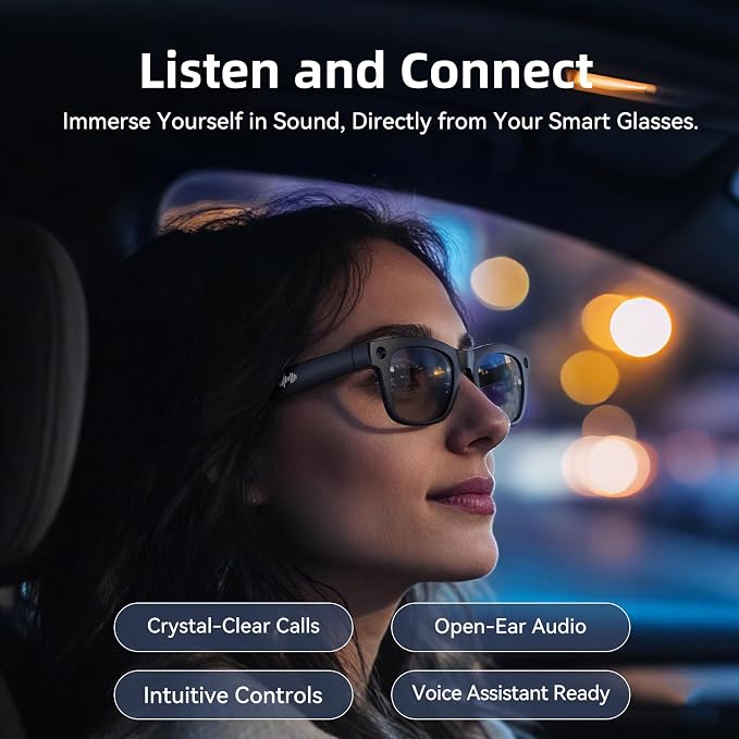 AI Smart Glasses with HD Camera, BT Call, 8MP Anti-Shake Camera Glasses with 1080P Video Recording Dual Mic, Simultaneous Interpretation/GPT Identify Objects, Black Lens