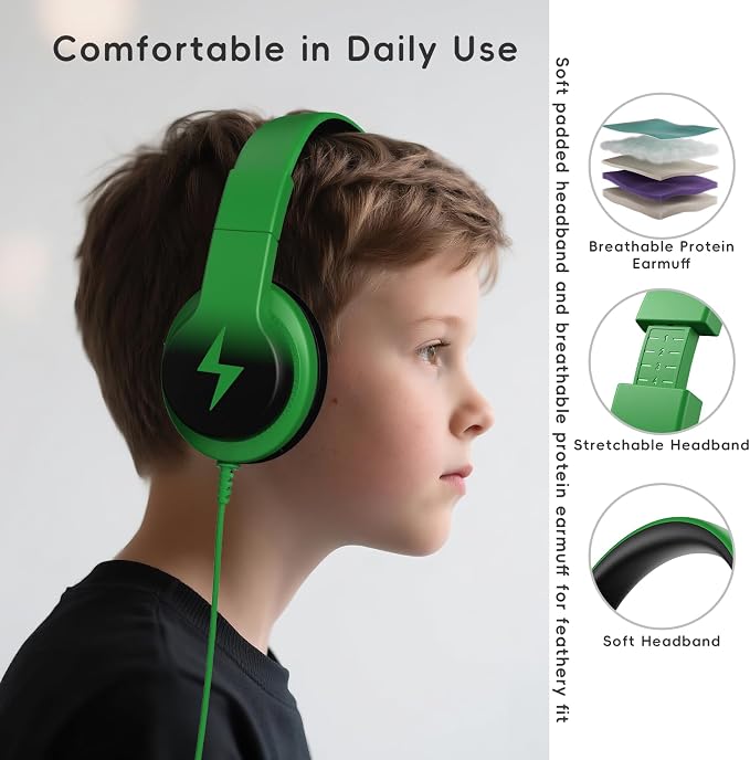 Candy Bila Kids Headphones, Wired Headphones for Kids Over Ear with Microphone, Foldable Headphone for Learning & Entertainment, Black and Green