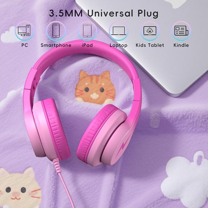 Candy Bila Kids Headphones, Wired Headphones for Kids Over Ear with Microphone, Foldable Headphone for Learning & Entertainment, Gradient Deep Pink