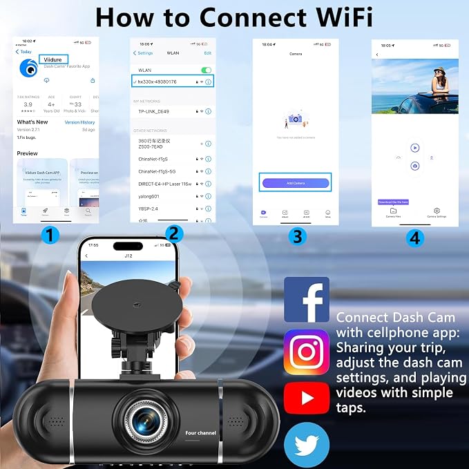 4 Channel Dash Cam Front and Rear Inside, 360° View 1080P Dash Camera for Cars, Super Night Vision, Gravity Sensor, Loop Recording, WDR, 24H Parking Mode, WiFi & APP Control, with 64GB Card