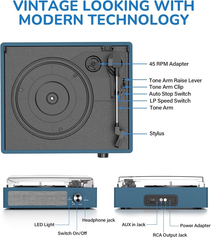 Vinyl Record Player with 2 Stereo Speakers Belt-Driven Vintage Turntables 3 Speed 3 Size Wireless Bluetooth Playback AUX-in RCA Out Headphone LP Vinyl Players Auto Stop Frosted Blue