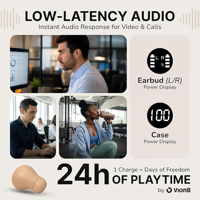 Air Skin Tones Invisible Earbuds for Small Ears - Wireless Bluetooth 5.4, Skin-Matching Mini Stemless Ear Buds, IPX5 Waterproof, ENC Noise Cancelling (Soft Sand)
