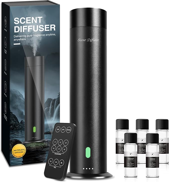 Waterless Scent Diffuser Starter Kit - 1000 Sq Ft Coverage, Hotel Scent Diffuser, Essential Oil Diffuser for Home & Large Room, Included 5 Scent Oils, Remote Control, Black, 11In