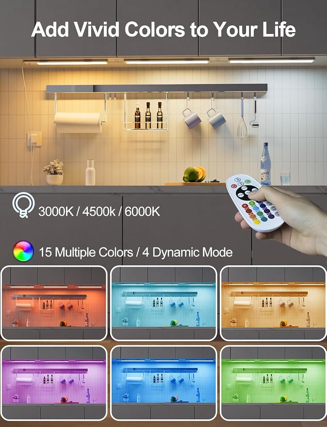 SZOKLED Under Cabinet Lighting Plug in, Hardwired LED Under Cabinet Lights with Timer & Dimmable, 15 RGB Color Changing, 3-Pack