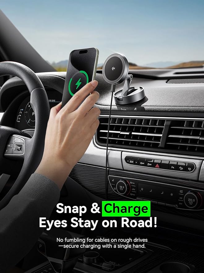 THREEKEY Qi2 Certified Magnetic Car Mount Charger Lite,Car Wireless Charger,15W Fast Charging,Retractable Phone Holder with 360°Rotation,Car Mount for iPhone17-12&Galaxy S25 Ultra