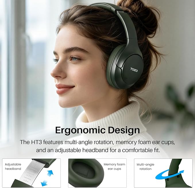 TOZO HT3 Hybrid Noise Cancelling Headphones, 90H Battery Life Wireless Over Ear Bluetooth 6.0 Foldable Headset, AI Voice Assistant with 5 Mics, Connect 2 Devices and Hi-Res Sound, 32 EQ Audio Presets