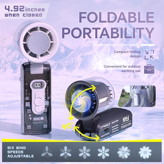 Portable Handheld Fan with Ice Cooler, USB Rechargeable Small Turbo Fan with Cold Air, Foldable Personal Hand Held Fans with Flashlight for Travel/Camping/Outdoor, High Speed Cooling Items