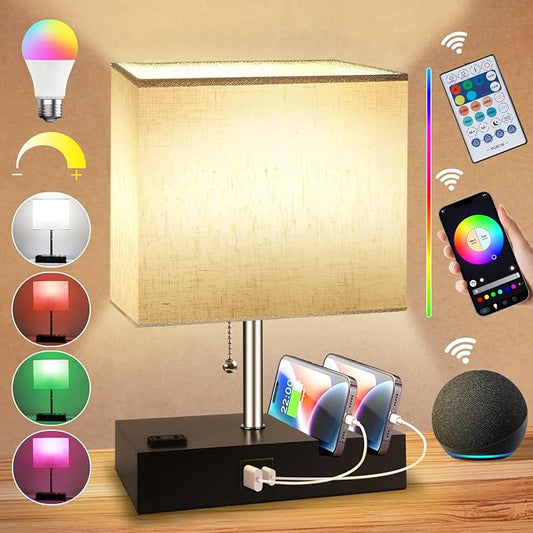 Smart RGB Dimmable Table Lamp Compatible with Alexa&APP&Remote Control, Bedside Desk Lamp with Charging Ports&Outlet&Phone Stand, Music Sync Nightstand Lamp for Bedroom Living Room Office Dorm, Beige