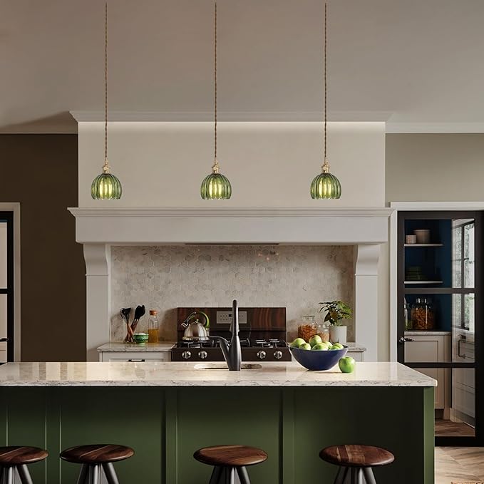 Shenmoyl Pendant Light with Green Tulip Glass Lmapshade, Brass Vintage Pendant Light Adjustable Hanging Light for Kitchen Island Dining Room Hallway