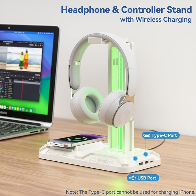 KDD RGB Headphone & Controller Stand with Wireless Charging - Rotatable Headset Stand with 9 Light Modes - Controller Holder with 2 USB and Type C Ports - for Gamers Desktop Accessories(White)