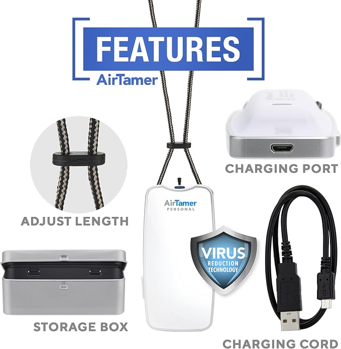 AirTamer A310W Wearable Personal Air Purifier, Rechargeable, White | Ionic negative-ion technology, no filters. Proven virus reduction. Metal Travel case included. For flights, office, commute