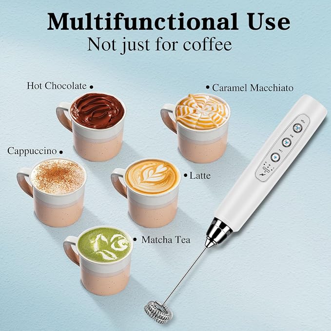 BSRGMS Milk Frother Handheld for Coffee, Electric Whisk 3 Speed Adjustable, Drink Mixer with Stainless 3 Whisks, Rechargeable Hand Frother Wand, Foam Maker for Latte Cappuccino Hot Chocolate Egg White