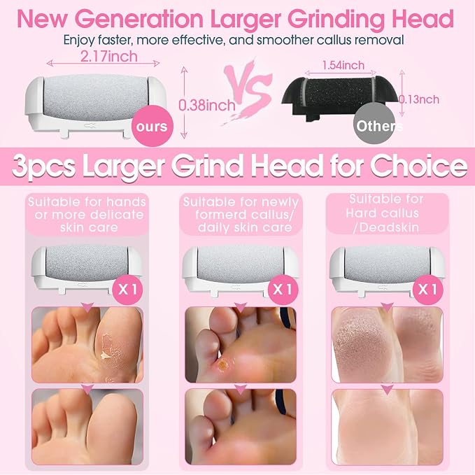 Electric Foot File Callus Remover for Feet - 3pcs Larger Grinding Head&3Speed, Pedicure Kit Foot Scrubber Deadskin Callus Remover, Foot Care Kit Pedicure Tools for Dead Skin Callus Hardskin Dry Cracks