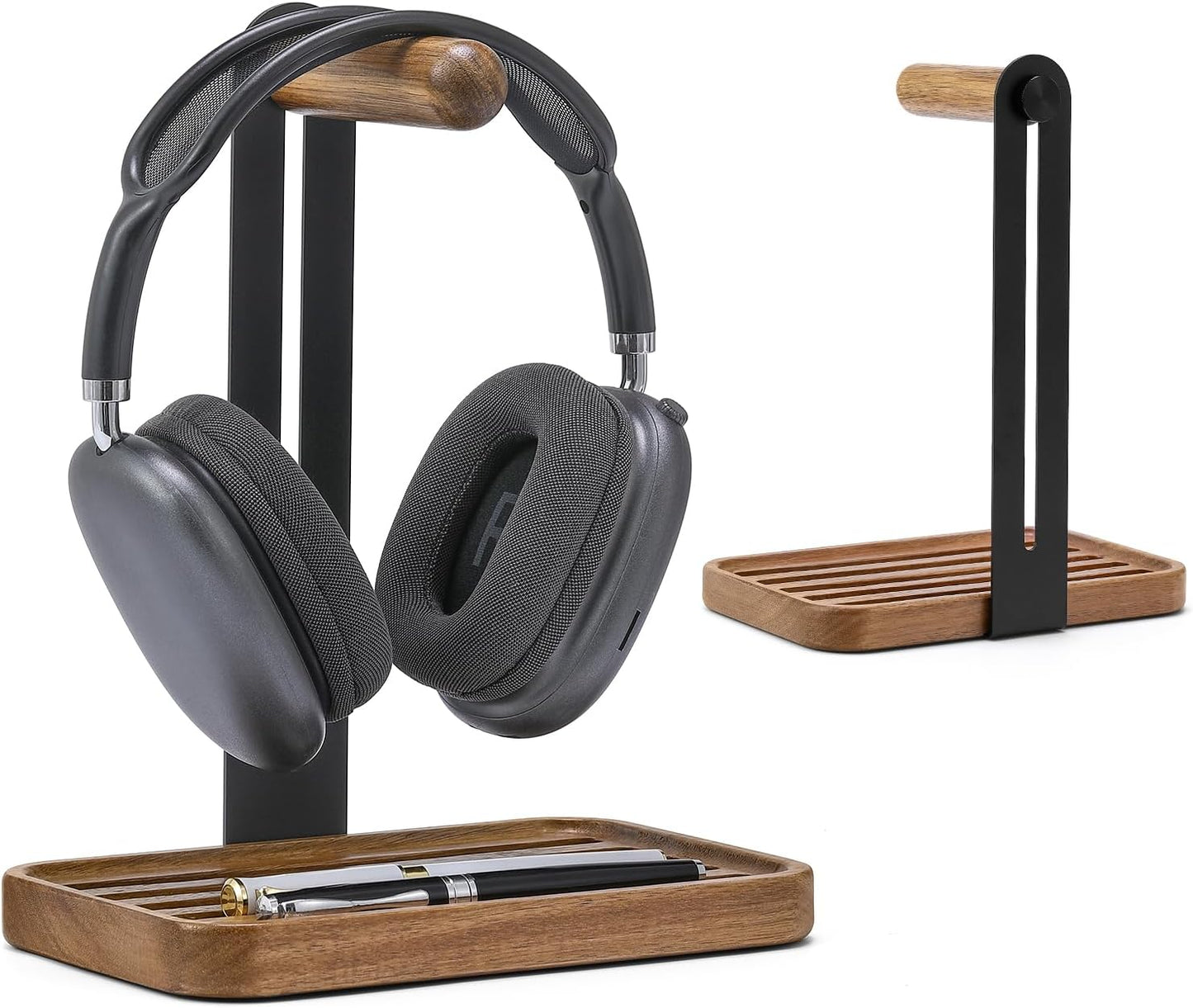 Headphone Holder For Desk,Desk Headphone Mount Rack,Headphone Stand With Storage Base,Accessories Managment,Solid Wood,Matte Black