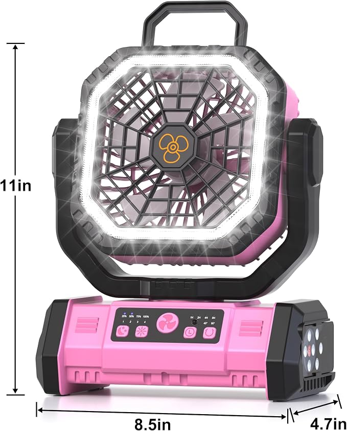 Honesorn Portable Fan Rechargeable 20000mAh, Camping Fan with LED Light & Remote, USB C Cordless Battery Powered, 4 Speeds Timer Hanging Hook for Travel Tent Outdoor Essentials - Pink